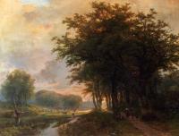 Johann Bernard Klombeck - A Wooded River Valley With Peasants On A Path